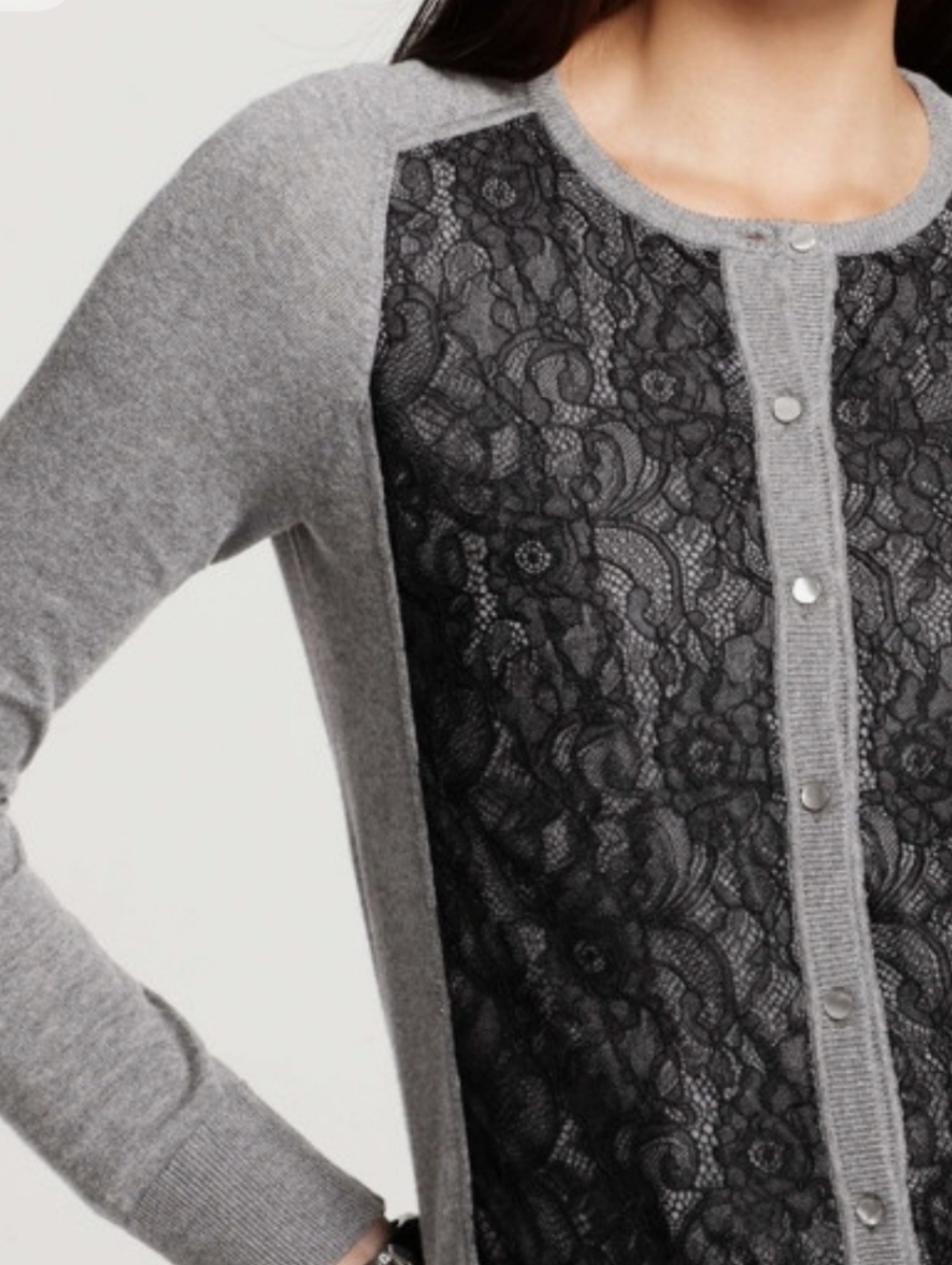 Ann Taylor Lace Front Cardigan Sweater Gray Black Button Front Size Small